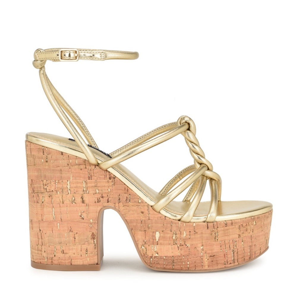 NWOB Nine West Platino Olander Knotted Platform Sandals Gold Ankle Strap Wedge - Picture 2 of 5